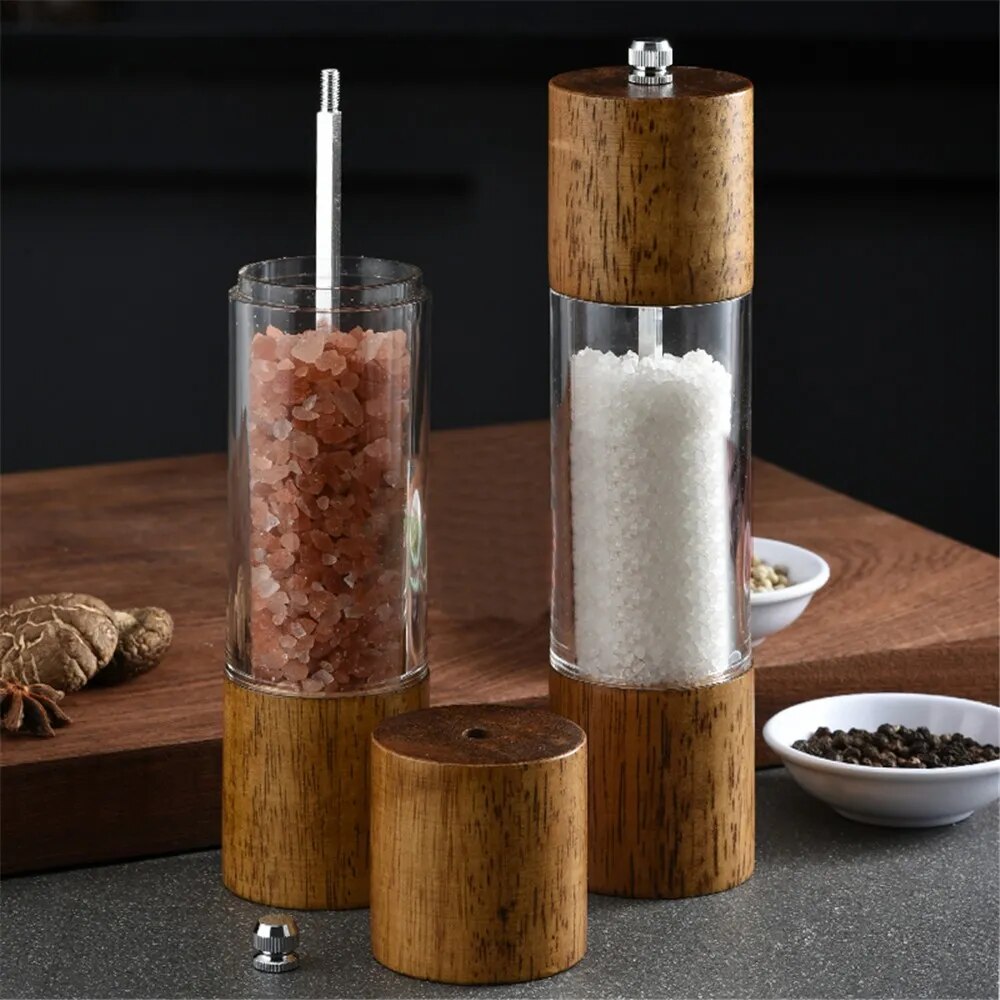Antique Color Manual Wooden Pepper And Salt Grinder With Visible Window Adjustable Ceramic Core Kitchen Helper