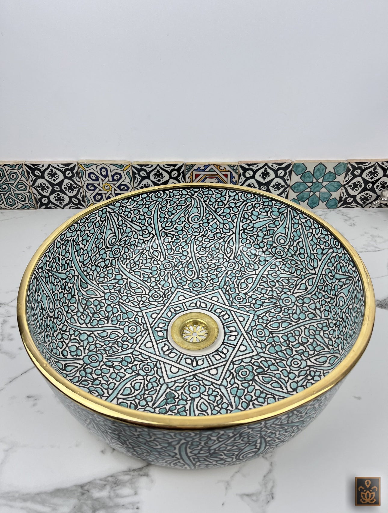 Turquoise Blue Ceramic Basin with 14K Gold Touches