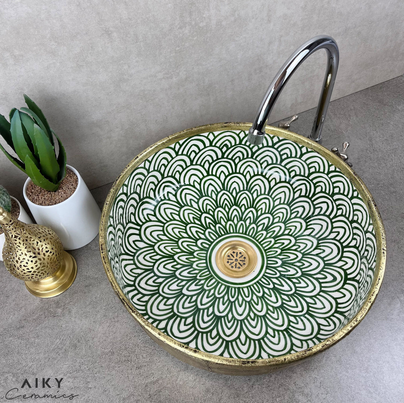 Moroccan Ceramic Sink with Green Arch Motifs and Brushed Brass Exterior