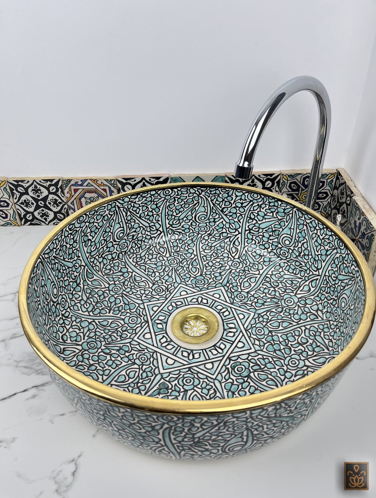 Turquoise Blue Ceramic Basin with 14K Gold Touches