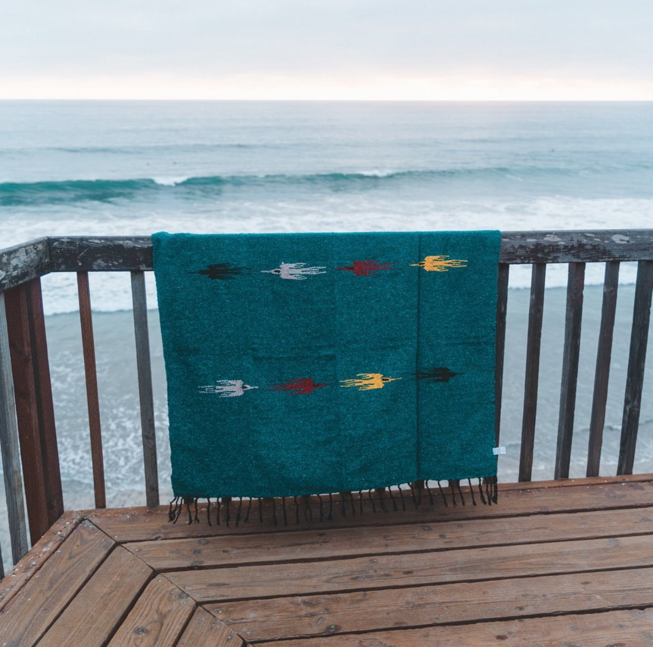 Mexican Blanket Teal Thunderbird with Tassels