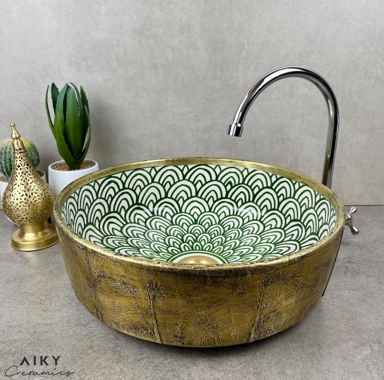 Moroccan Ceramic Sink with Green Arch Motifs and Brushed Brass Exterior