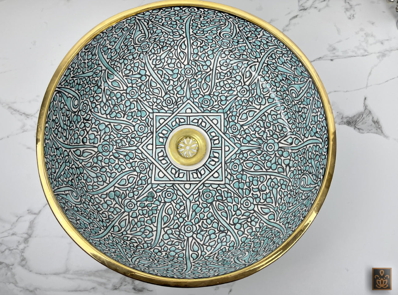 Turquoise Blue Ceramic Basin with 14K Gold Touches