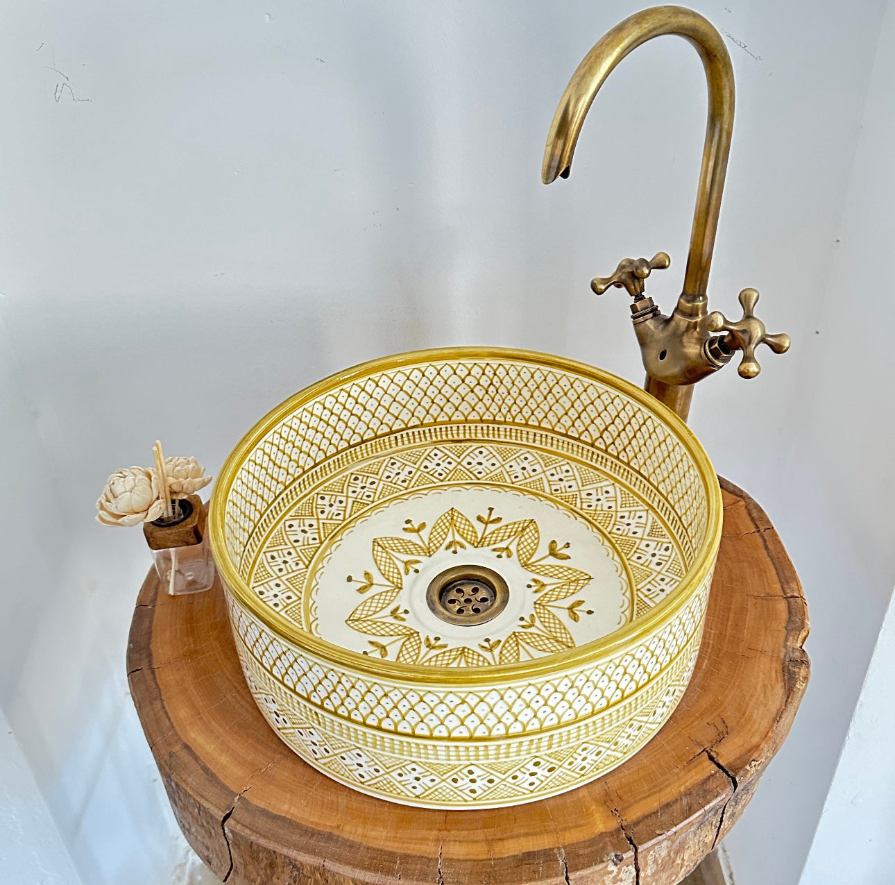 Custom Made Mustard Bathroom Sink - Handmade Brass Drain Included