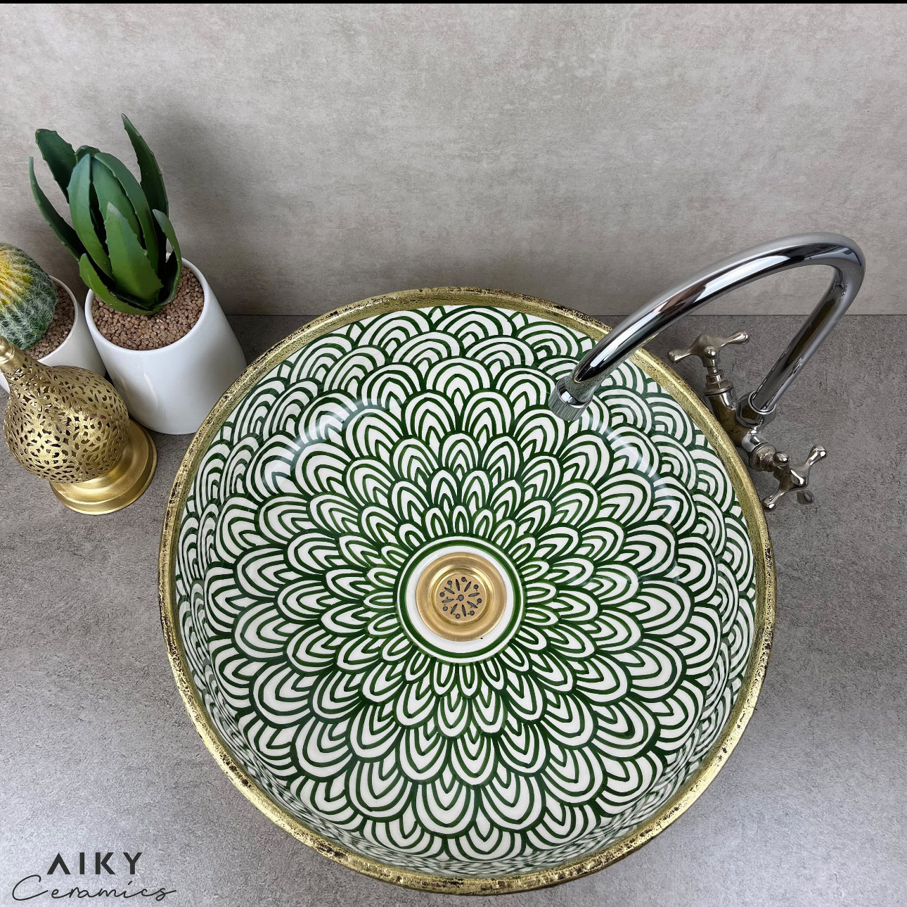 Moroccan Ceramic Sink with Green Arch Motifs and Brushed Brass Exterior