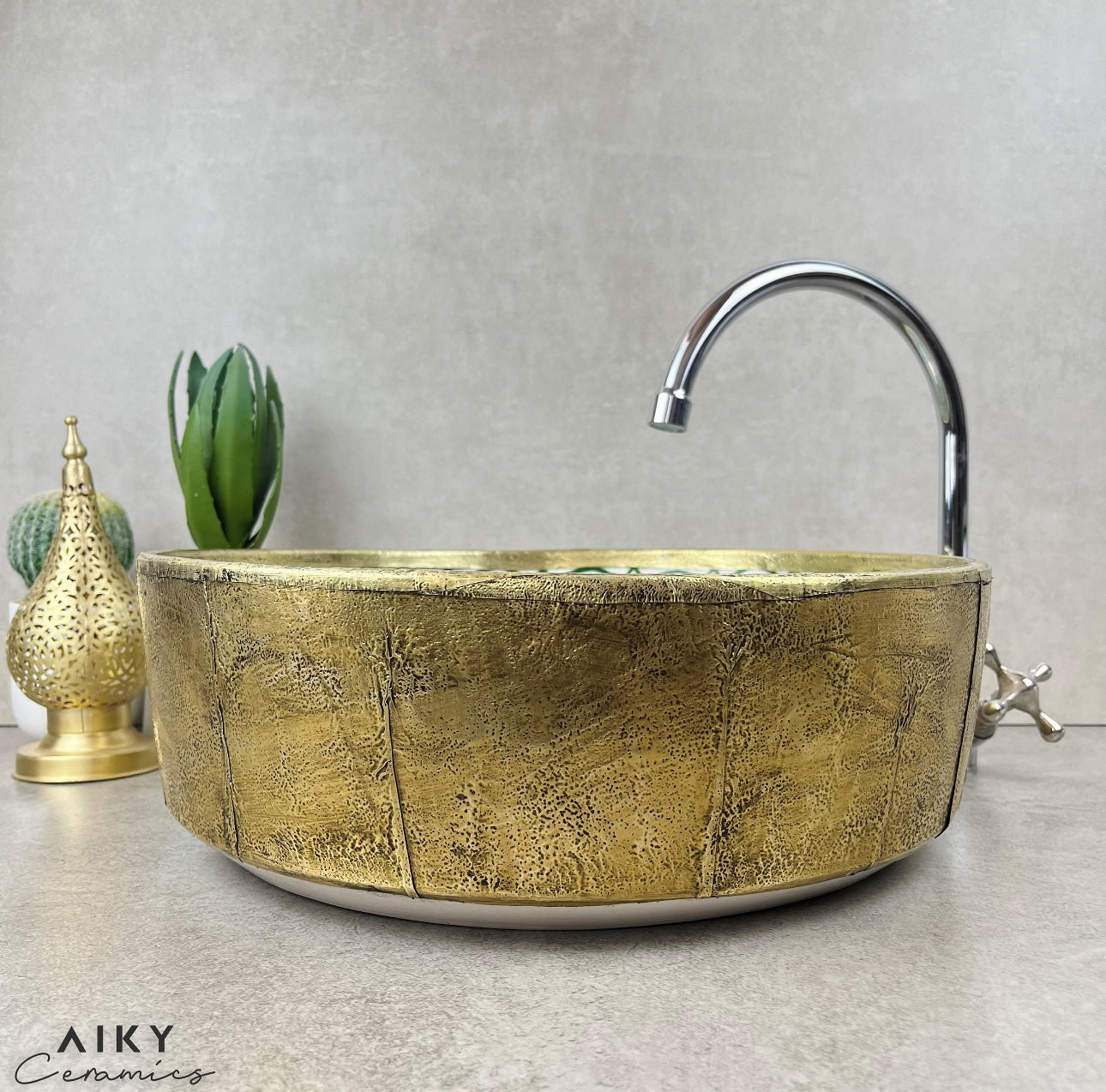 Moroccan Ceramic Sink with Green Arch Motifs and Brushed Brass Exterior