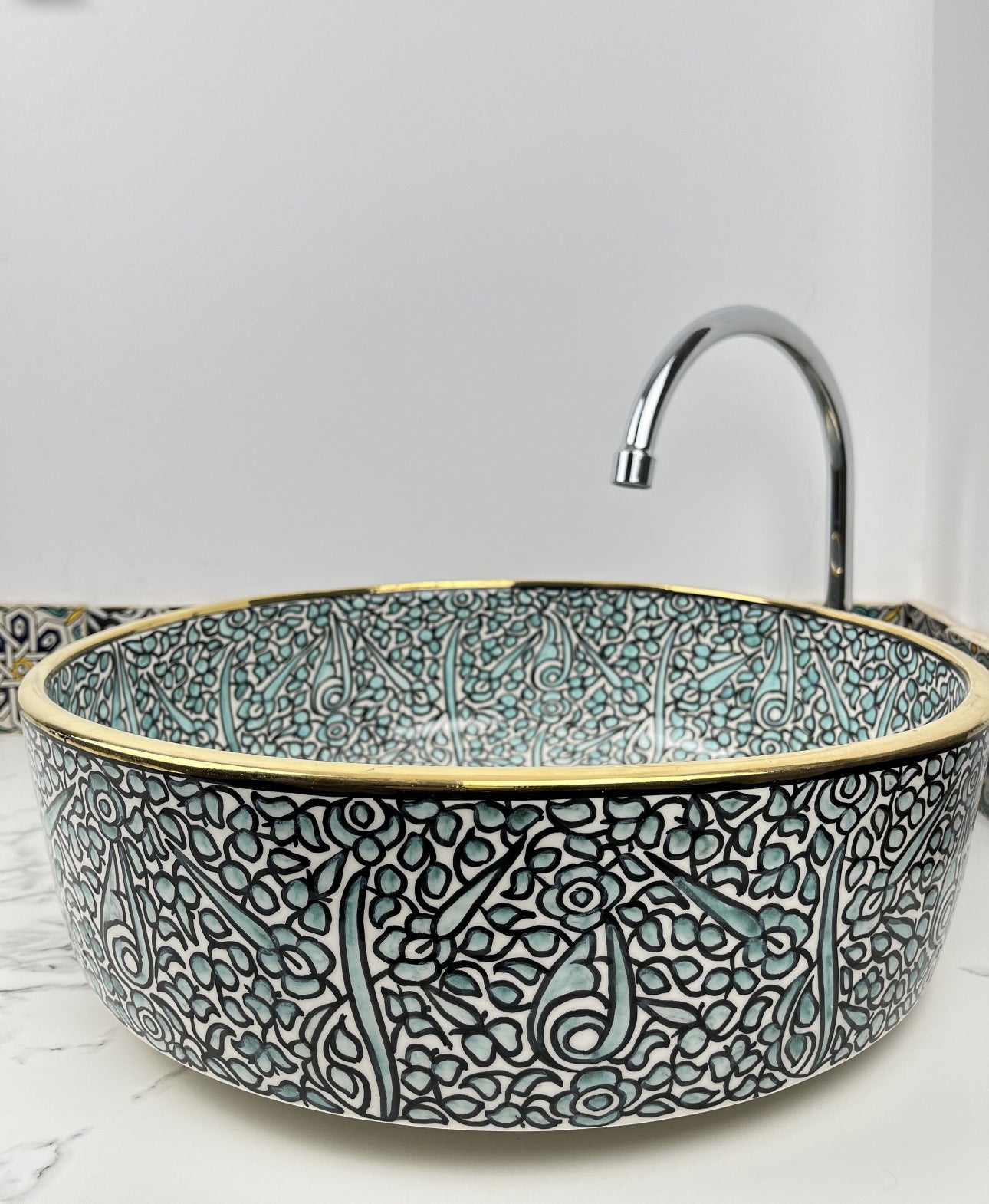 Turquoise Blue Ceramic Basin with 14K Gold Touches