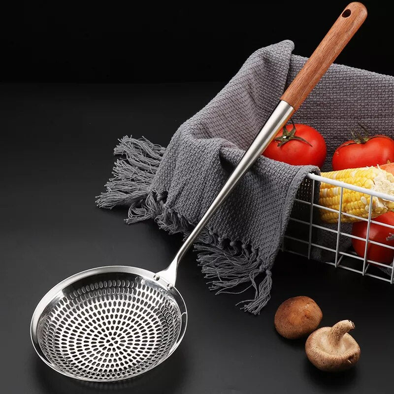 Wooden Handle Stainless Steel Colander Pasta Noodle Strainer Skimmer Spoon Oil Pot Food Filter Drainer Cooking Kitchen Utensils