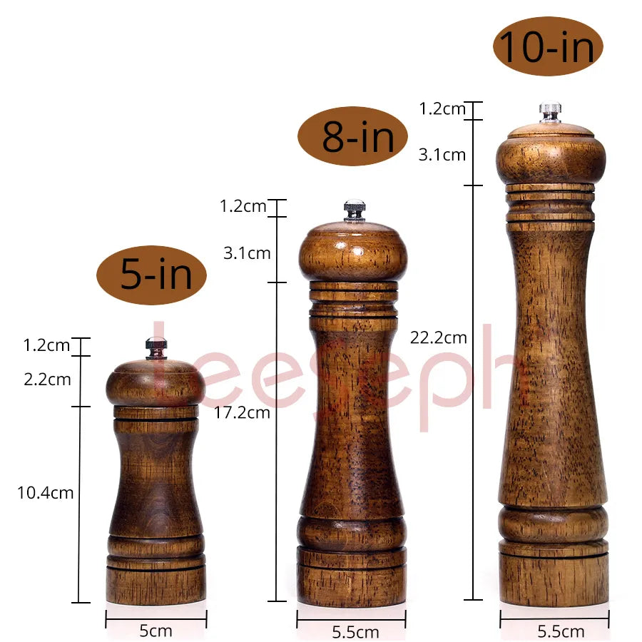 Salt and Pepper Mills, Solid Wood Pepper Mill with Strong Adjustable Ceramic Grinder  5" 8" 10" - Kitchen Tools by Leeseph