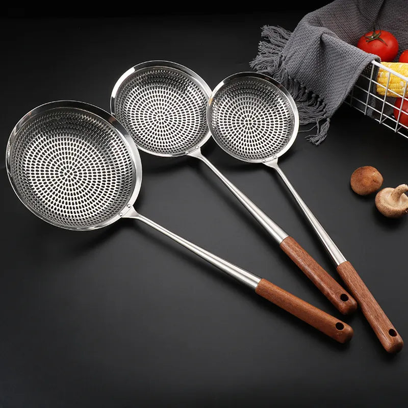 Wooden Handle Stainless Steel Colander Pasta Noodle Strainer Skimmer Spoon Oil Pot Food Filter Drainer Cooking Kitchen Utensils