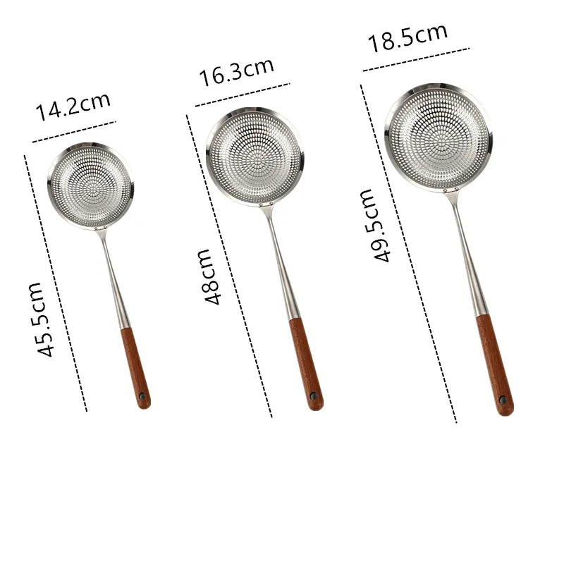 Wooden Handle Stainless Steel Colander Pasta Noodle Strainer Skimmer Spoon Oil Pot Food Filter Drainer Cooking Kitchen Utensils