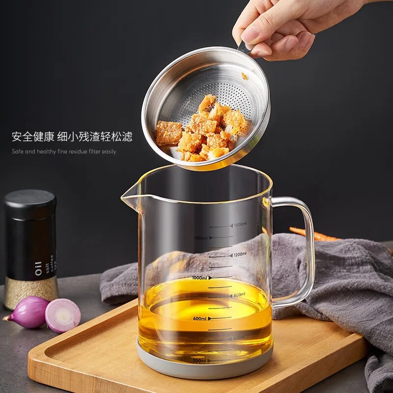 GIANXI 1.5L 1L Glass Oil Filter Pot  Container Oil Separator Fine Mesh  Strainer Tank Storage  Things For Kitchen  Kitchen Baske